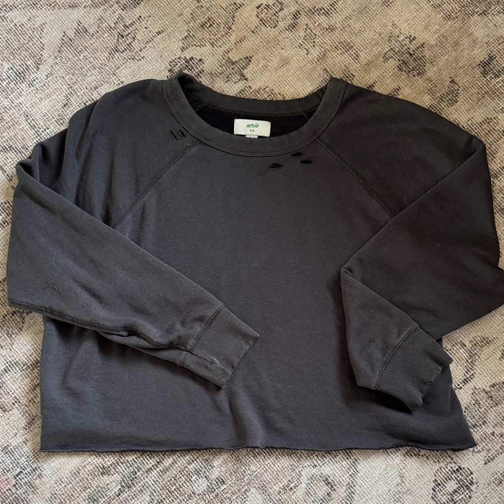 aerie Black Distressed Crewneck Sweatshirt